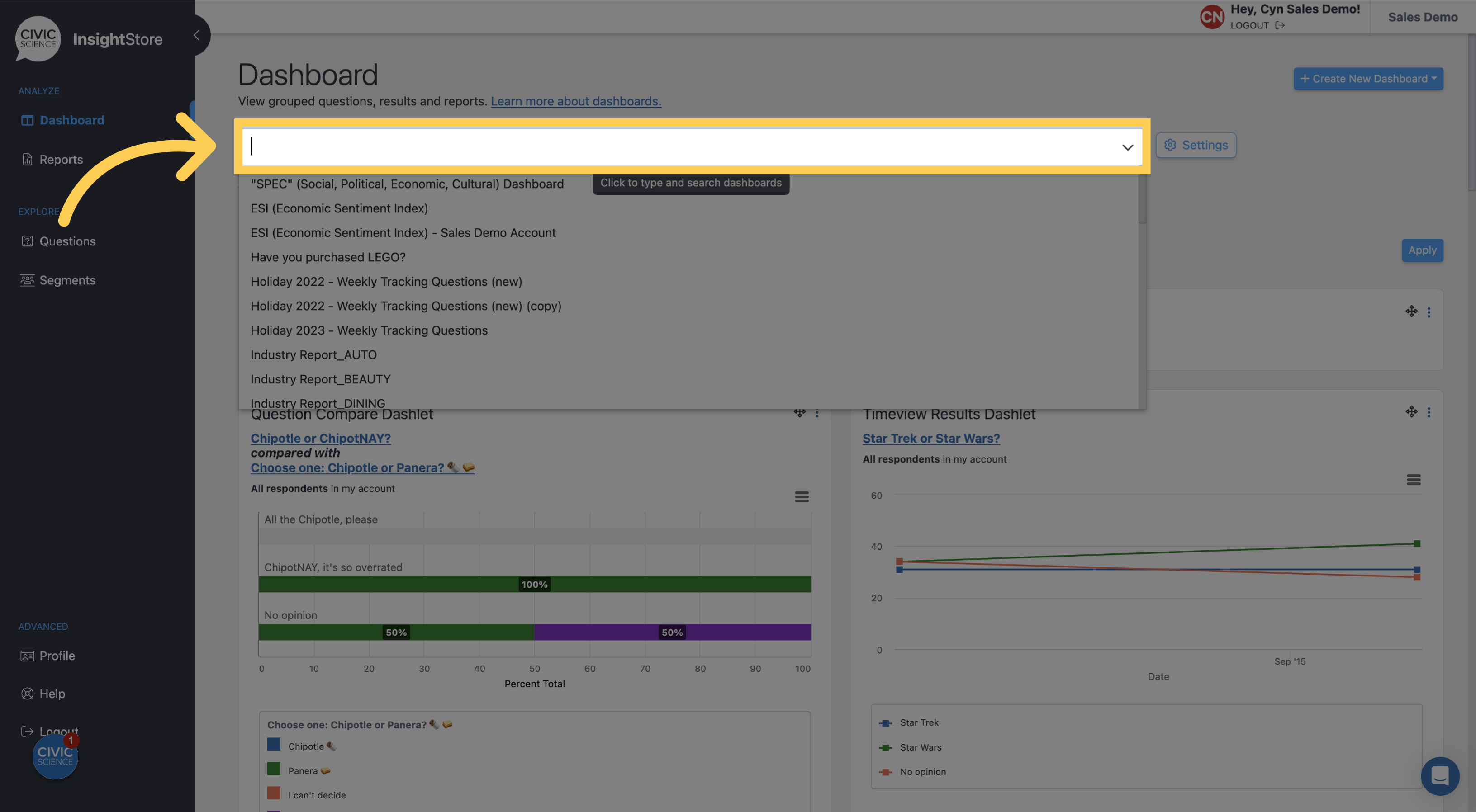 Choose your dashboard
from the dropdown menu