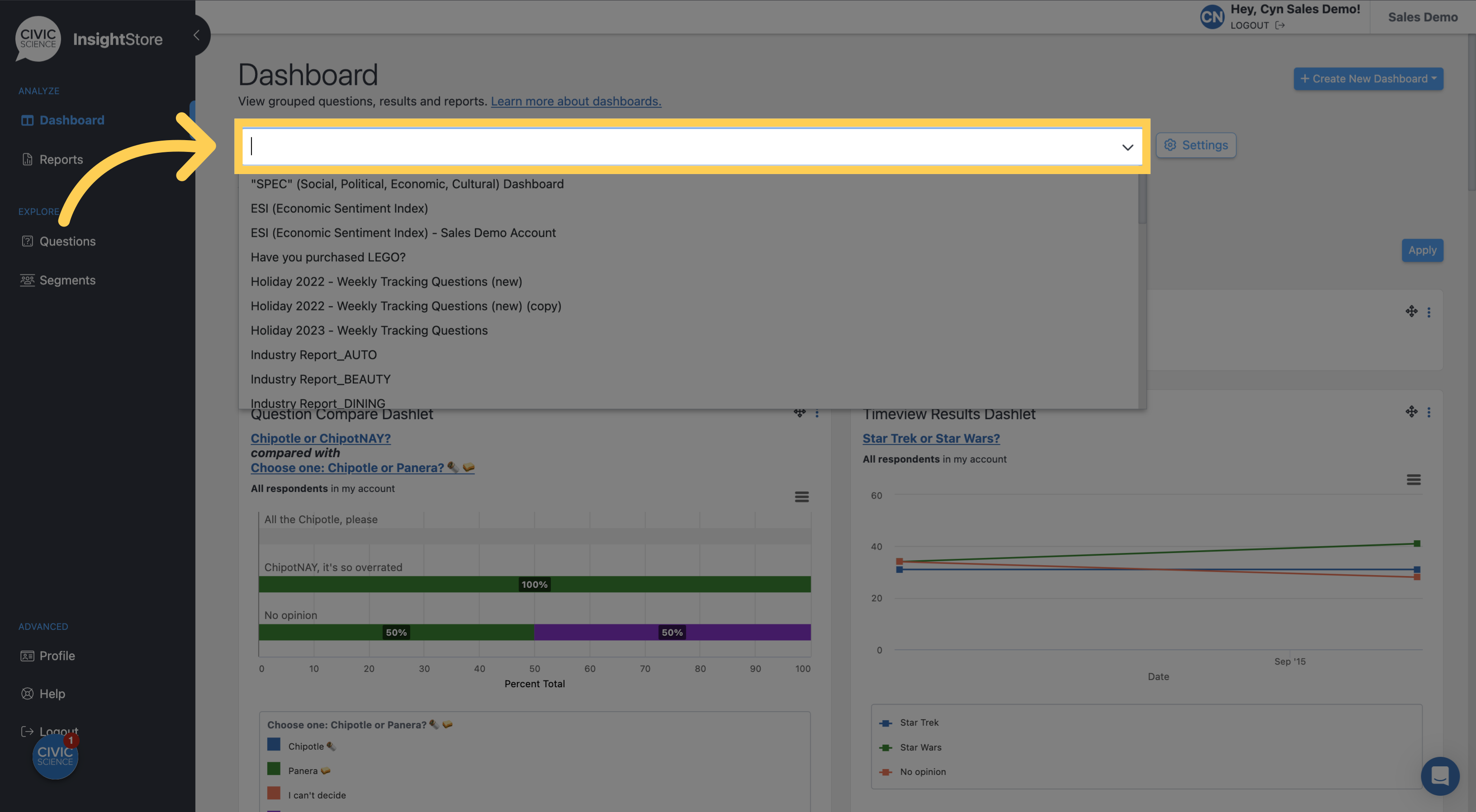 Select your dashboard from
the dropdown list