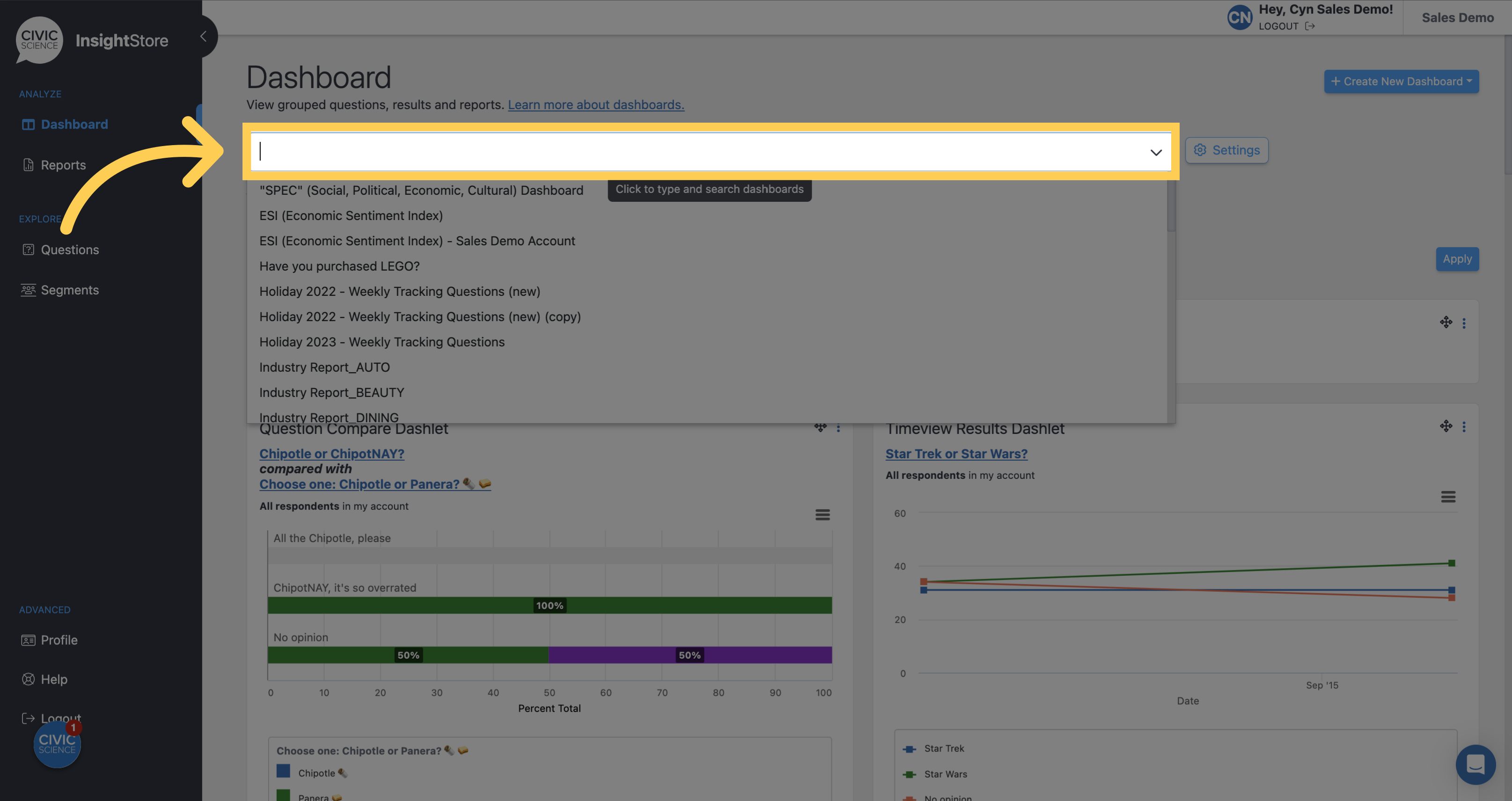 Choose your dashboard from the list