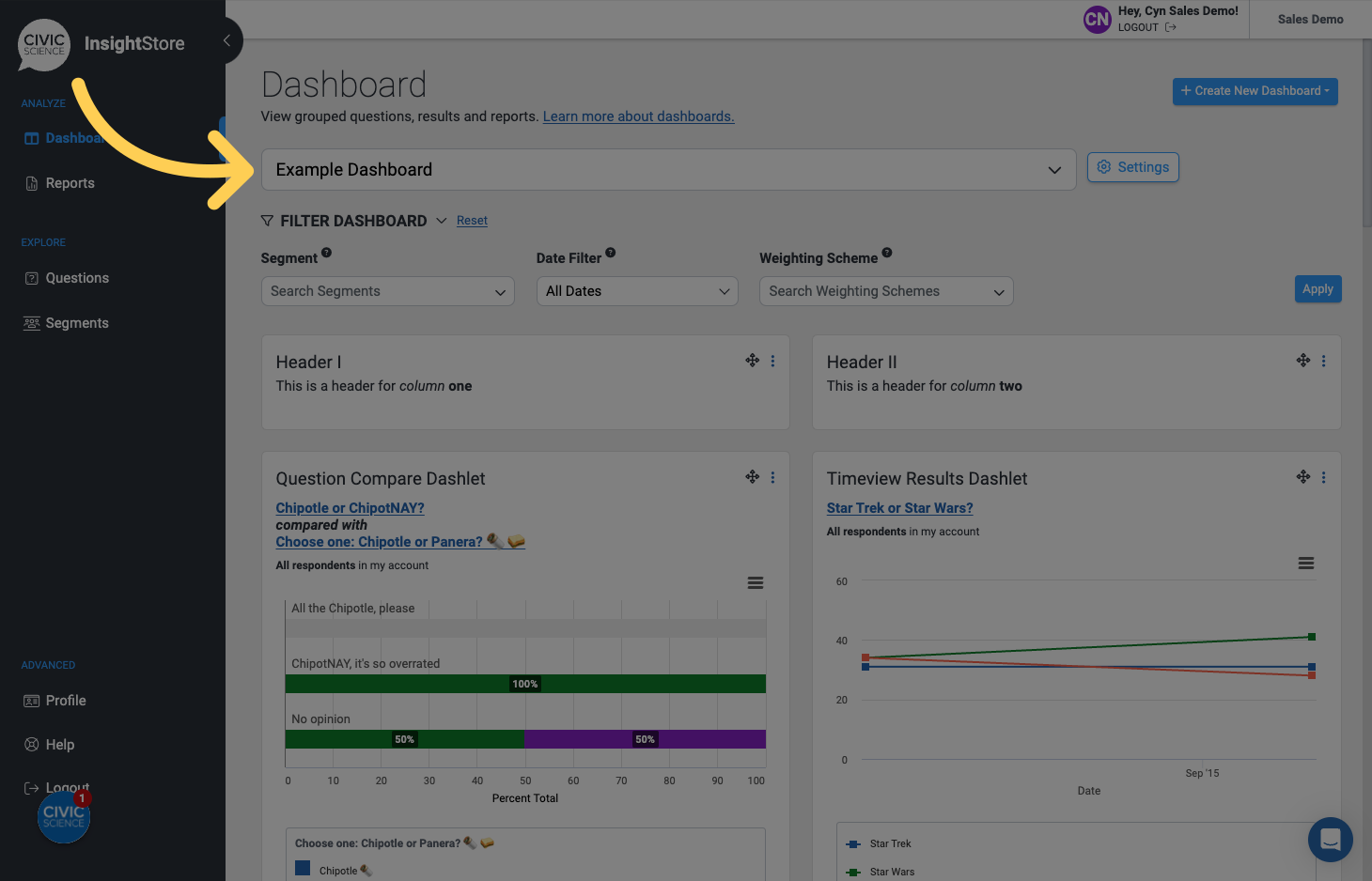 Select your dashboard from the dropdown menu